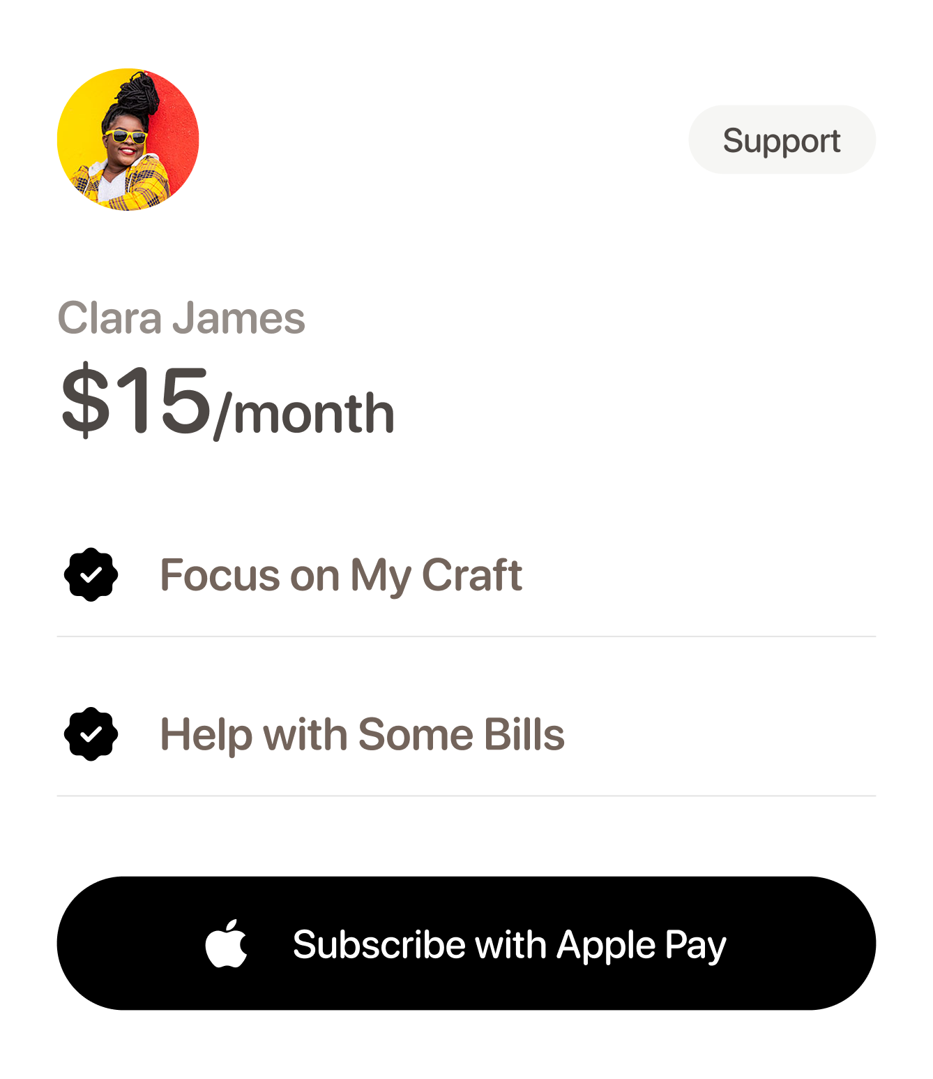Support subscription card with Clara James